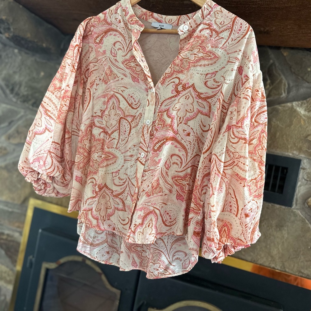 FATE Boho Paisley Blouse Women’s S Ruffle Cuff Button Front